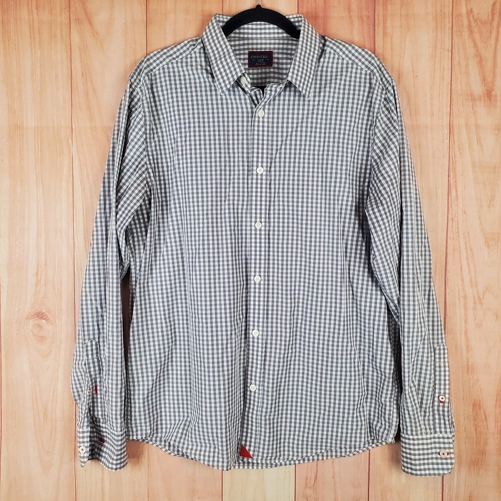 UNTUCKit Men Shirt Large Gray White Gingham Check Slim Fit Long Sleeve Button Up
